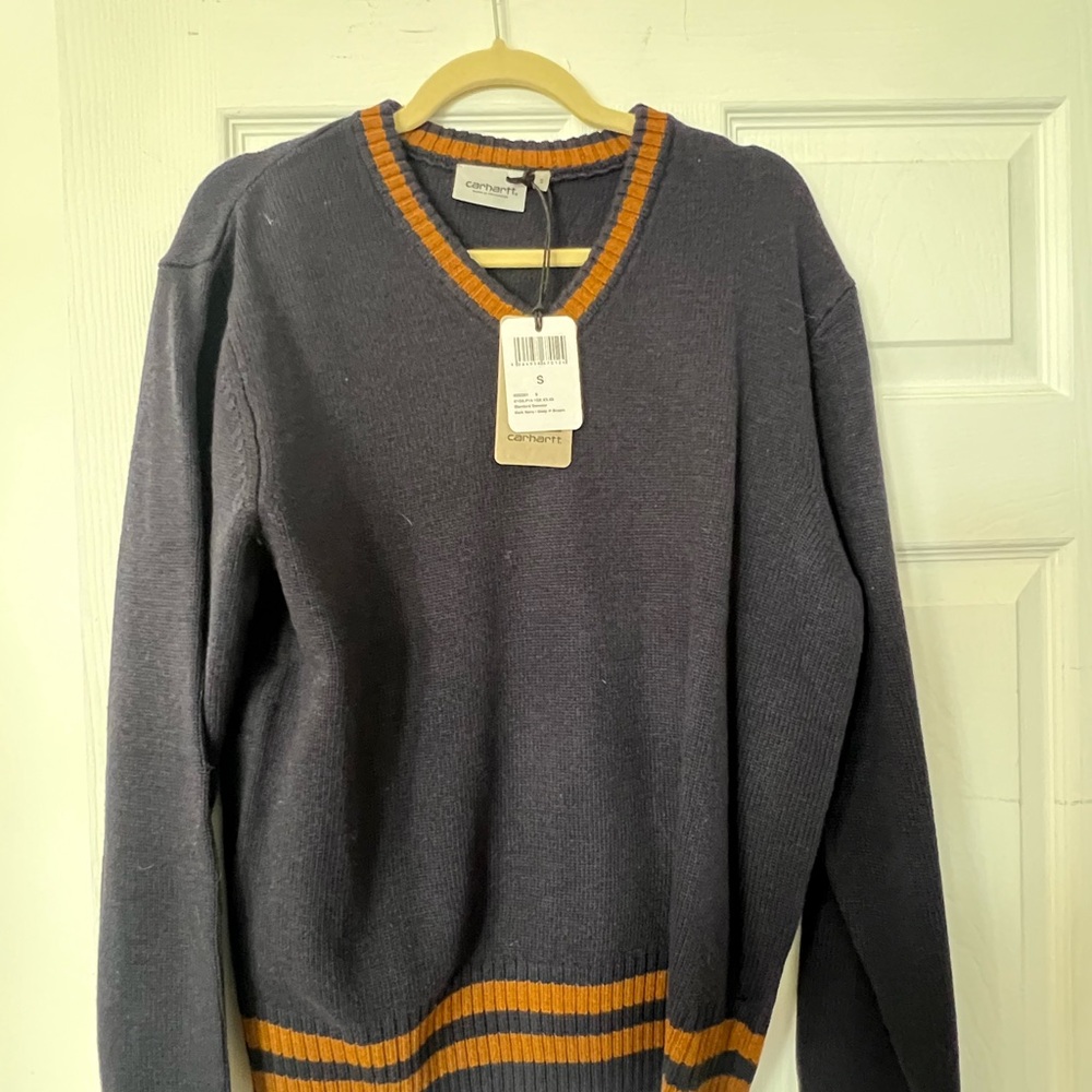 Charcoal Gray V-Neck Sweater with Orange Accents